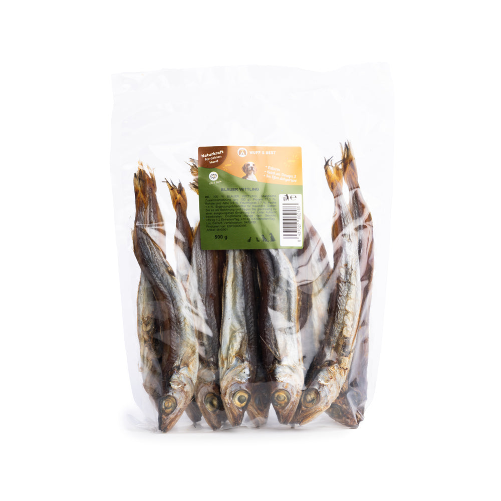 Getrockneter blauer Wittling für Hunde (90g oder 500g)