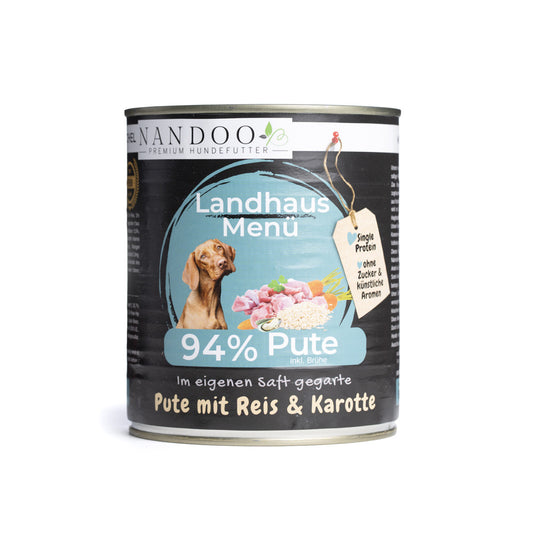 Nassfutter Pute Menü - Pute mit Reis, Karotte & Grünlippmuschel (800g Dose)